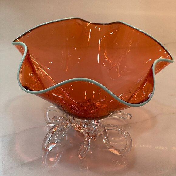 -Vintage Ruffled Glass Bowl | Sculptural Signed Art Glass-Atomic Tangerine Chic - Picture 1 of 16
